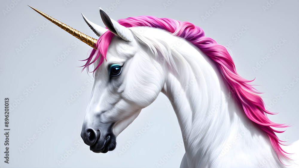 Naklejka premium Unicorn head with pink mane and horn on gray background
