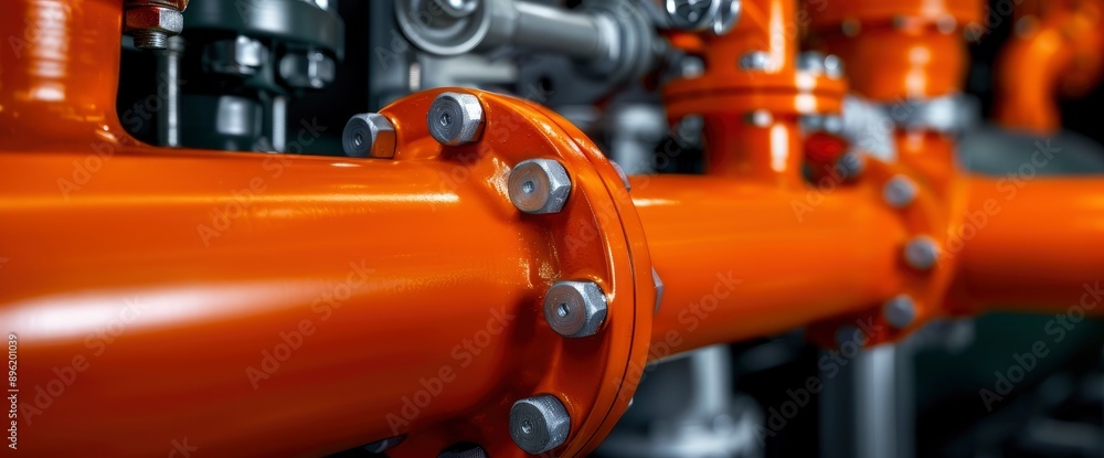 Fototapeta premium A Close-Up View Of An Orange Hydraulic System, Showcasing Power And Efficiency