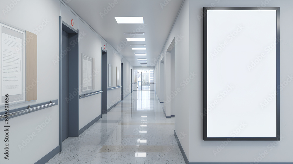 Empty poster frame mockup in a university campus corridor Empty poster frame mockup in a university campus corridor