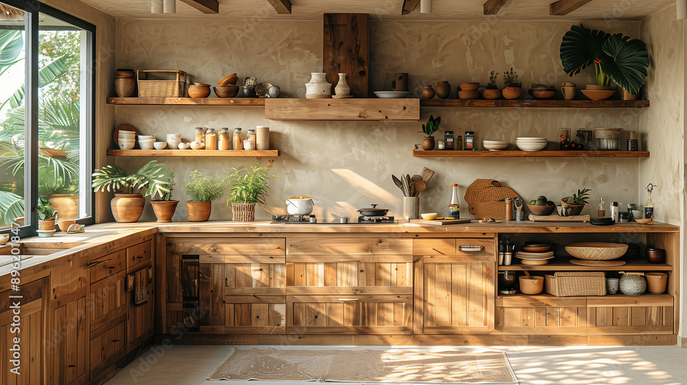 Modern Japandi-style kitchen with simple wooden cabinets, open shelves, and delicate accessories, emphasizing harmony and functionality Modern Japandi-style kitchen with simple wooden cabinets, open shelves, and delicate accessories, emphasizing harmony and functionality