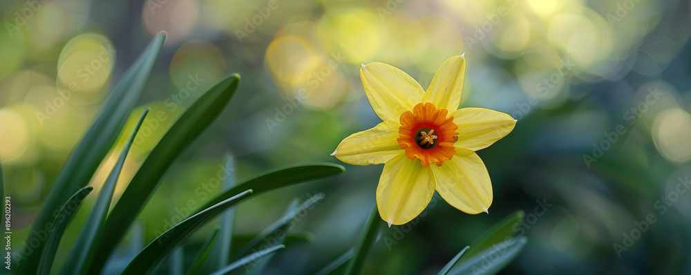 Obraz premium Single yellow daffodil with orange center in