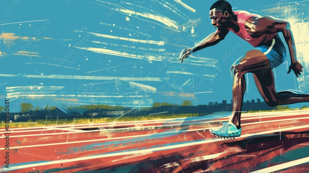 Illustration of Sprinter starting a race on the track, muscles tensed, intense focus Illustration of Sprinter starting a race on the track, muscles tensed, intense focus