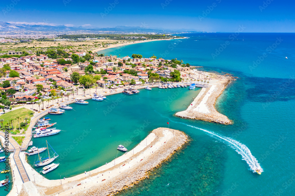 Obraz premium Aerial top drone view of ancient Side town, Antalya Province in Turkey
