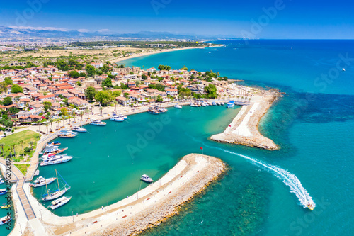 Fototapeta Naklejka Na Ścianę i Meble -  Aerial top drone view of ancient Side town, Antalya Province in Turkey