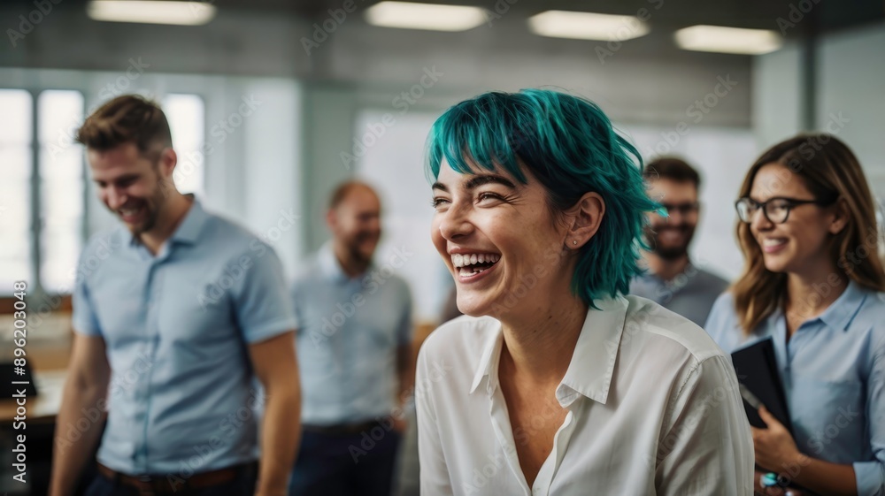 Obraz premium Teal-haired woman in office team building, laughing and relaxed with blur colleagues