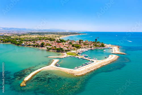 Fototapeta Naklejka Na Ścianę i Meble -  Aerial top drone view of ancient Side town, Antalya Province in Turkey