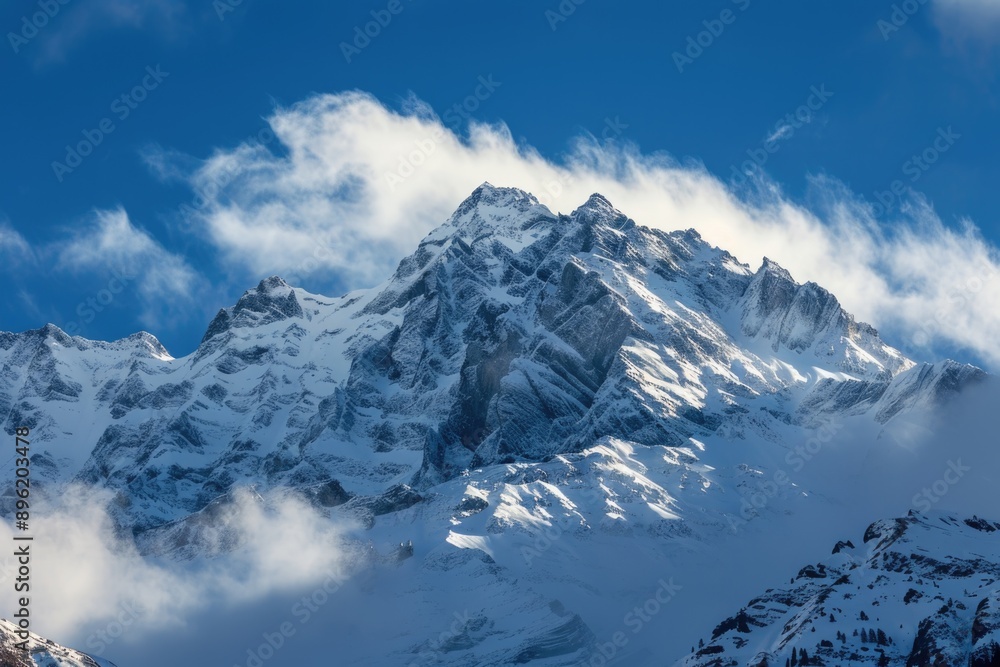 A snowy mountain peak with clouds covering the top, set against a bright blue sky A snowy mountain peak with clouds covering the top, set against a bright blue sky