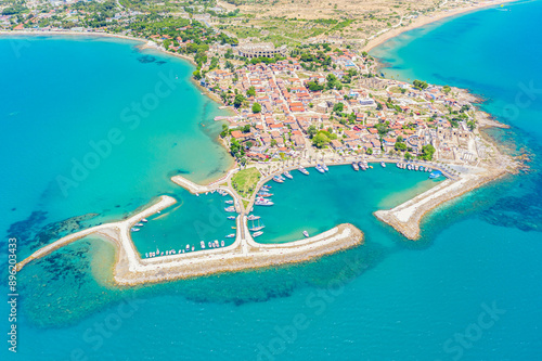 Aerial top drone view of ancient Side town, Antalya Province in Turkey photo