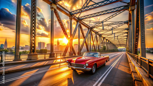 Vintage red convertible speeding across Nashville's iconic bridge at sunset, warm golden light casting long shadows on the riverbank, cityscape in the distance. photo