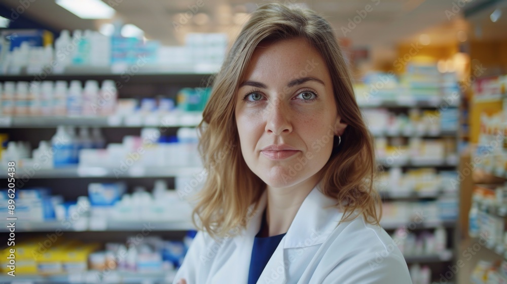 A pharmacist wearing a white lab coat in a well-stocked pharmacy. A pharmacist wearing a white lab coat in a well-stocked pharmacy.