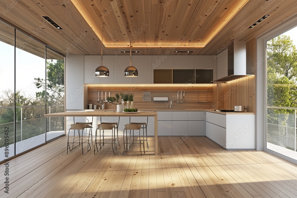 Interior of modern kitchen with white walls, wooden floor, white countertops and wooden cupboards. Interior of modern kitchen with white walls, wooden floor, white countertops and wooden cupboards.