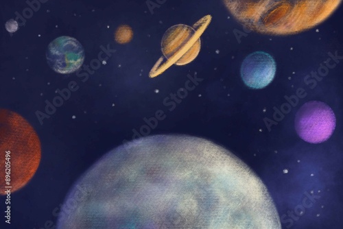 Moon and planets in outer space painting