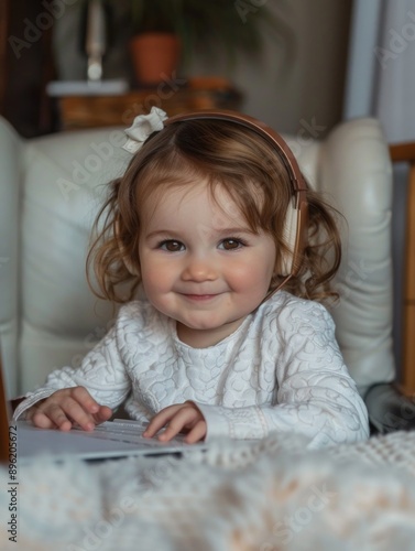 A little girl with earbuds, smiling brightly as she enjoys listening to some music.