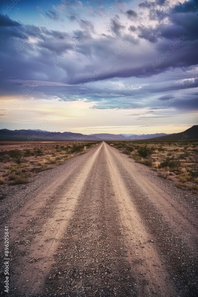 An empty dirt road in a desert landscape under a sunset, offering a sense of adventure and tranquility. An empty dirt road in a desert landscape under a sunset, offering a sense of adventure and tranquility.