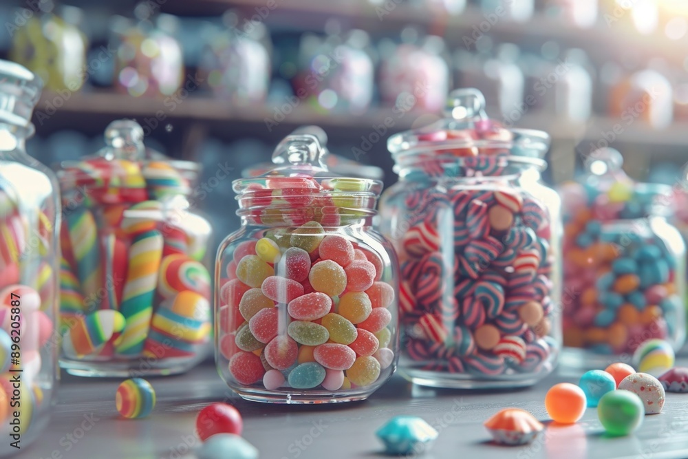 Sweet treats in glass containers, assortment of candy and gumdrops. Sweet treats in glass containers, assortment of candy and gumdrops.