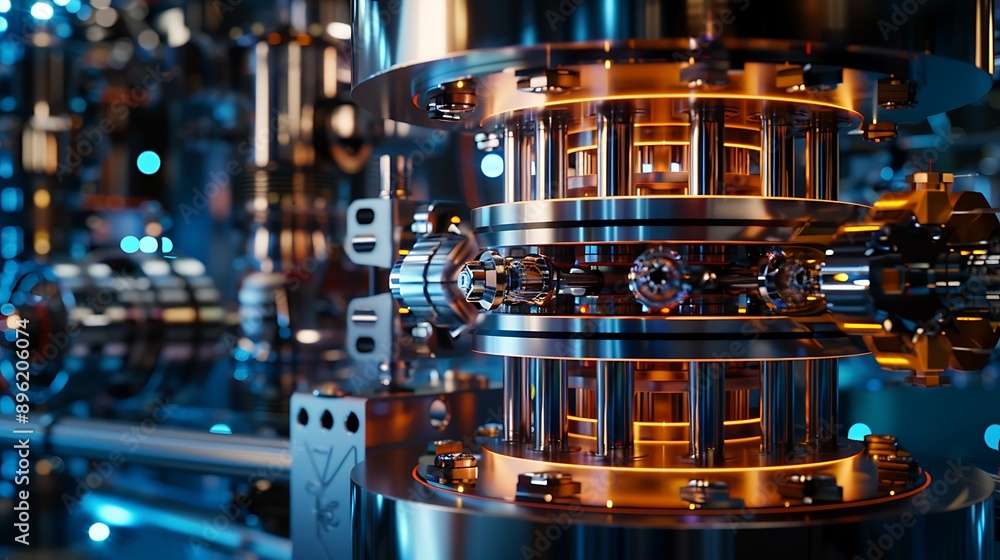 A highly detailed quantum computer in a high-tech lab. A highly detailed quantum computer in a high-tech lab.