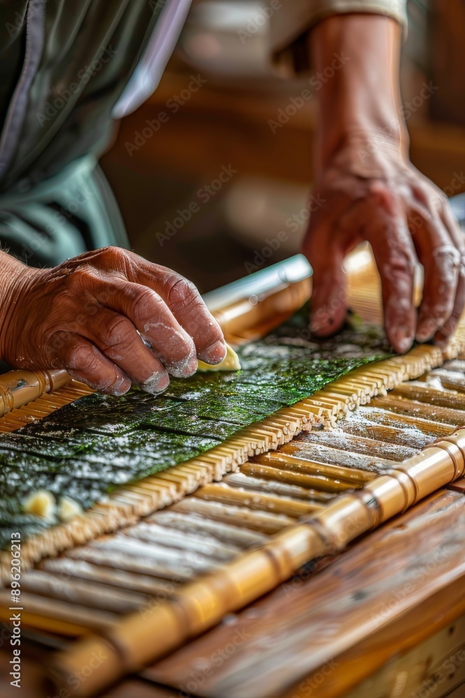 close-up, hands of a sushi chef in the process of preparing Japanese sushi close-up, hands of a sushi chef in the process of preparing Japanese sushi