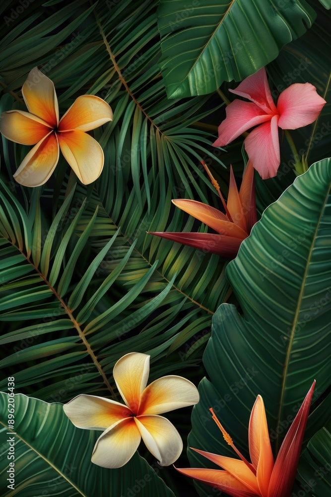 Fototapeta premium Tropical flowers on palm trees in a sunny beach setting.