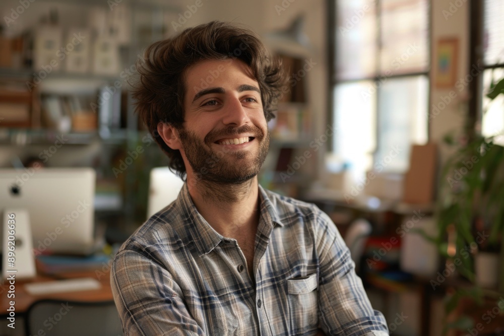 A man smiling at the camera in an office workspace. A man smiling at the camera in an office workspace.