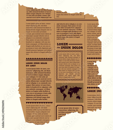 Scrap of newsprint. Torn edge of old paper. Isolated on white background. Vector illustration. Front view. Close up