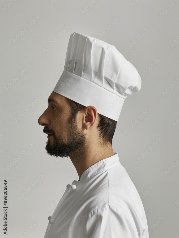 A man in a chef's outfit stands in the background of a kitchen, looking off into the distance. A man in a chef's outfit stands in the background of a kitchen, looking off into the distance.
