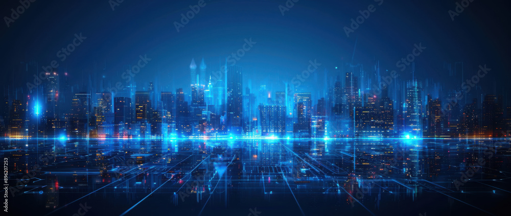 Vector illustration urban architecture, cityscape with space and neon light effect. Modern hi-tech, science, futuristic technology concept. Abstract digital high tech city design for banner background Vector illustration urban architecture, cityscape with space and neon light effect. Modern hi-tech, science, futuristic technology concept. Abstract digital high tech city design for banner background