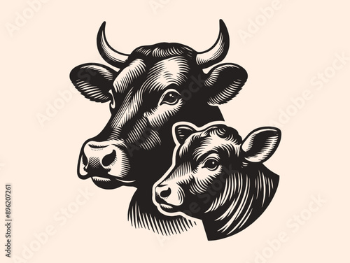 Cow and calf. Face, head. Emblem, vintage engraving vector illustration. Monochrome, black and white.