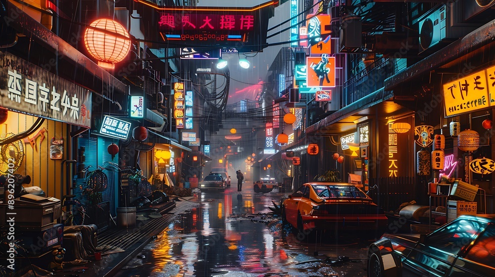 A cyberpunk-themed street with holographic advertisements and flying cars. A cyberpunk-themed street with holographic advertisements and flying cars.