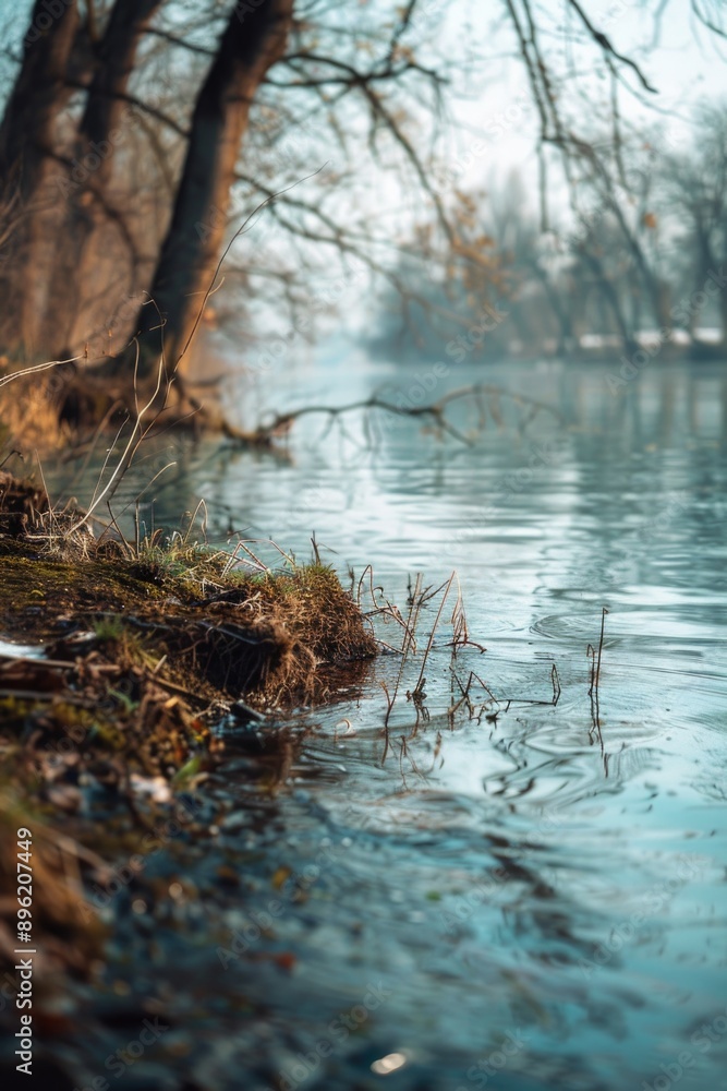Fototapeta premium Misty riverbanks with a shallow shore at sunset.