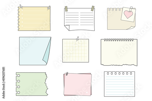 Memo sticky notes, sheet reminder, color office or school pages with tape, marks, pin, paperclip frames doodle style. Notebook bullet dairy list, funny retro drawing.