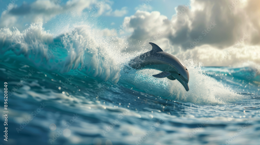 A beautiful dolphin jumped from a sea wave. Stunning dolphin jump against the backdrop of beautiful waves. Background for design. A beautiful dolphin jumped from a sea wave. Stunning dolphin jump against the backdrop of beautiful waves. Background for design.
