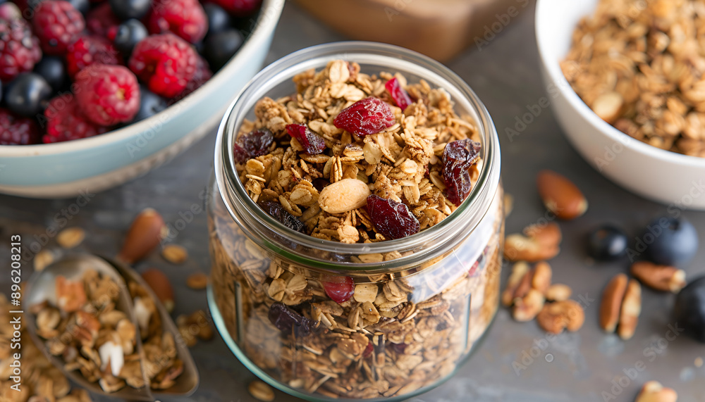 jar of homemade granola mixed with dried fruits and nuts and accompanied by a bowl of fresh mixed berries jar of homemade granola mixed with dried fruits and nuts and accompanied by a bowl of fresh mixed berries