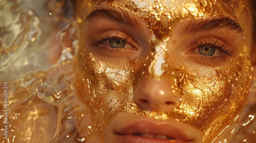 Woman with gold metal foil on her face. The foil highlights the contours and texture of the skin, creating a striking visual effect. Woman with gold metal foil on her face. The foil highlights the contours and texture of the skin, creating a striking visual effect.