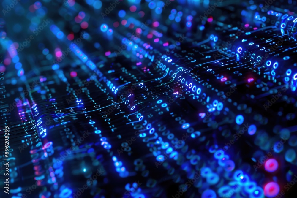 Electronic circuit board with vibrant blue and purple colored chips. Electronic circuit board with vibrant blue and purple colored chips.