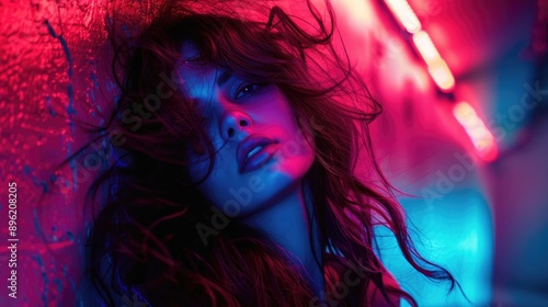 Stylish young woman posing with wild hair, pink hues in a futuristic setting