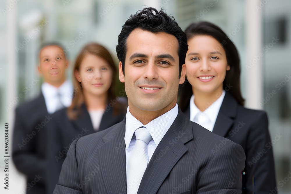 Confident business team posing with it's leader at a corporate office.
Confident business team posing with it's leader at a corporate office.