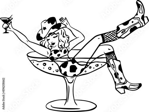 Cowgirl in Martini Glass. Bachelorette celebration icon.