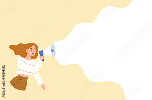Young female holding megaphone and speaking loudly with white blank space. Character for advertising, announcement, promotion, marketing, banner. Empty space for text message. Flat vector illustration