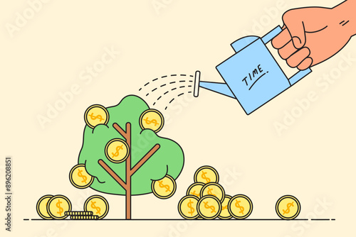 hand holding watering can as a time to feed water to money tree. Concept of passive income, financial management, saving money, profit, currency, coin, growth, banking. Flat vector illustration.