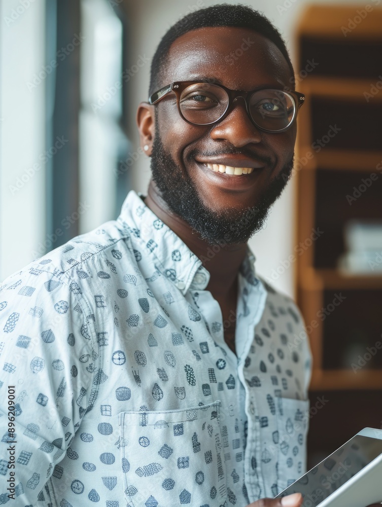 A young man with glasses smiling at a laptop in an office setting. A young man with glasses smiling at a laptop in an office setting.