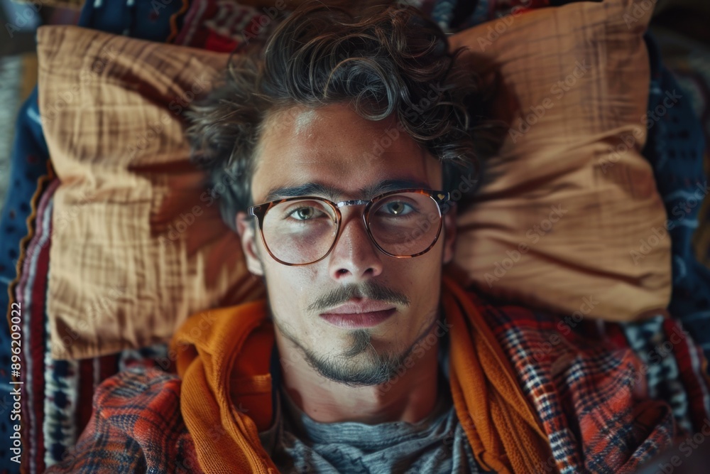 Man with beard and glasses lying down in casual clothing Man with beard and glasses lying down in casual clothing