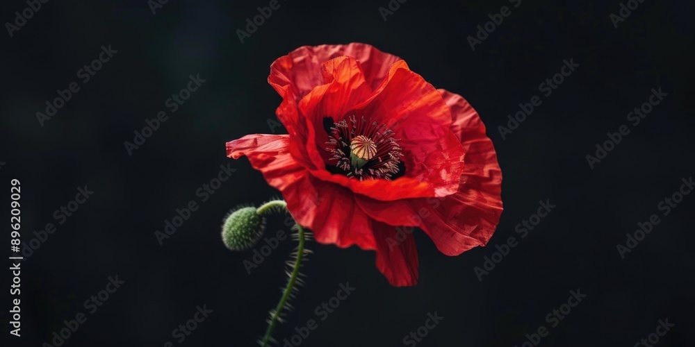 Naklejka premium A vibrant red poppy flower in focus, with a soft background blur that emphasizes the flower's detail and color.