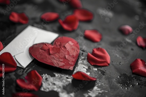 A heart broken into pieces with red rose petals scattered around it. Symbolizes a failed romance or an unfulfilled love. photo