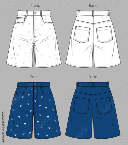 Vector knee-length short with sparkling rhinestones fashion CAD, denim woman short with hot fix sketch, template, flat, technical drawing. Woven cotton fabric 5-pocket bermuda short, front, back view