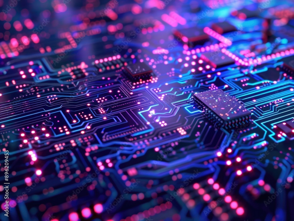 Electronic circuit board with vibrant pink and blue LED lights on a dark background. Technology concept image. Electronic circuit board with vibrant pink and blue LED lights on a dark background. Technology concept image.