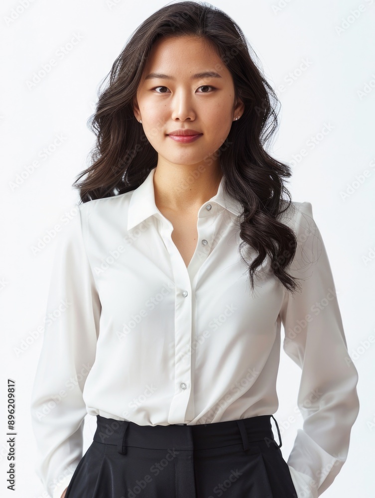 A woman wearing a white shirt and black pants poses for a photo. She has a serious expression on her face and her hair is long and wavy. Concept of professionalism and confidence A woman wearing a white shirt and black pants poses for a photo. She has a serious expression on her face and her hair is long and wavy. Concept of professionalism and confidence