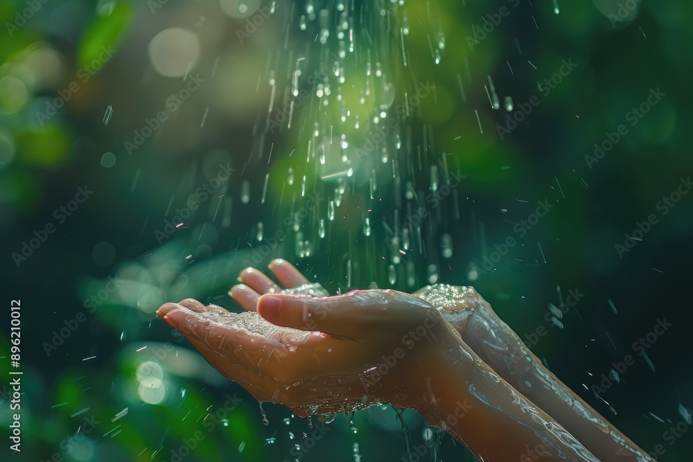 Fototapeta premium Hands Catching Raindrops in Nature