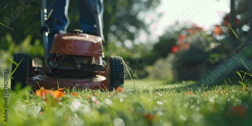 A person is mowing the lawn with a red lawn mower. The grass is short and the lawn is well-maintained