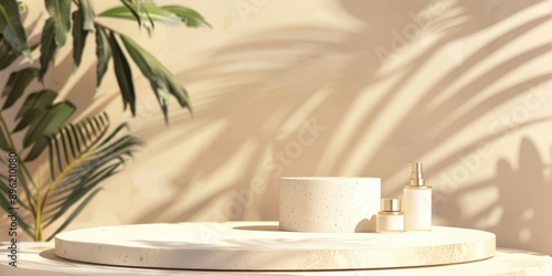 A white table with a plant and two bottles on it. The table is in front of a wall