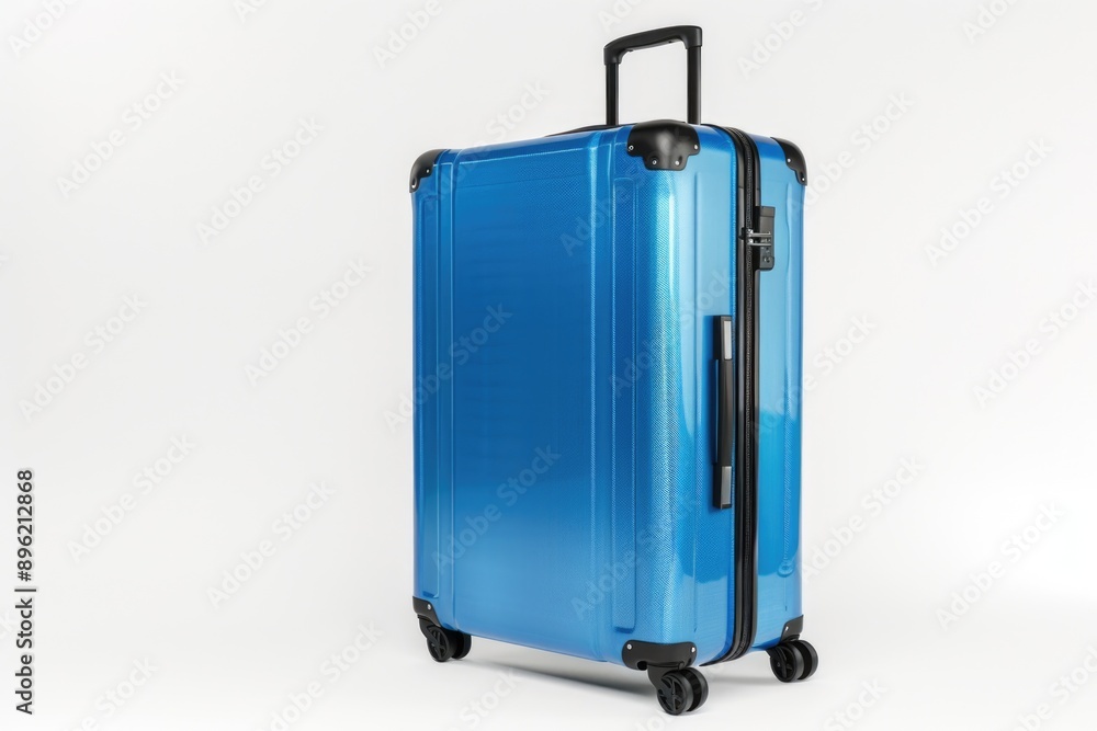 A blue suitcase sits on a clean and empty white floor, ready for travel or storage A blue suitcase sits on a clean and empty white floor, ready for travel or storage